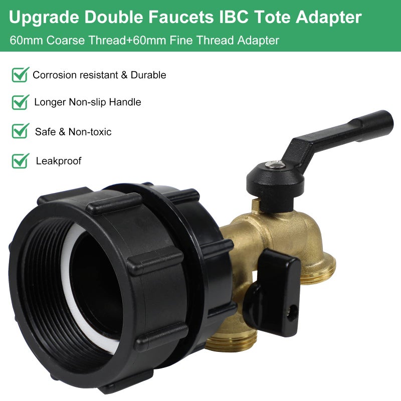 CNYGO 275-330 Gallon IBC Tote Water Tank Adapter  2 in 1 Double Faucets 2.36"" Coarse Thread+ 2.36""Fine Thread IBC Tote Valve Fittings Brass Hose Faucet Garden Hose Connector Replacement Parts - Image 2